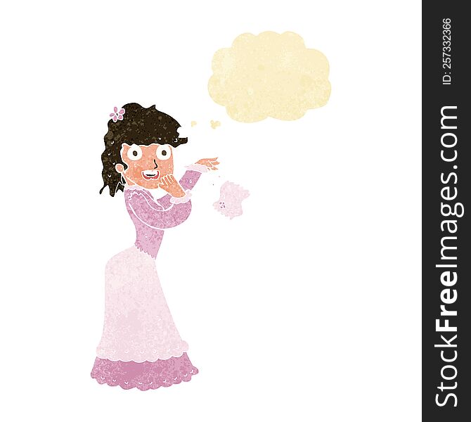 cartoon victorian woman dropping handkerchief with thought bubble