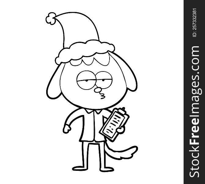 hand drawn line drawing of a bored dog in office clothes wearing santa hat