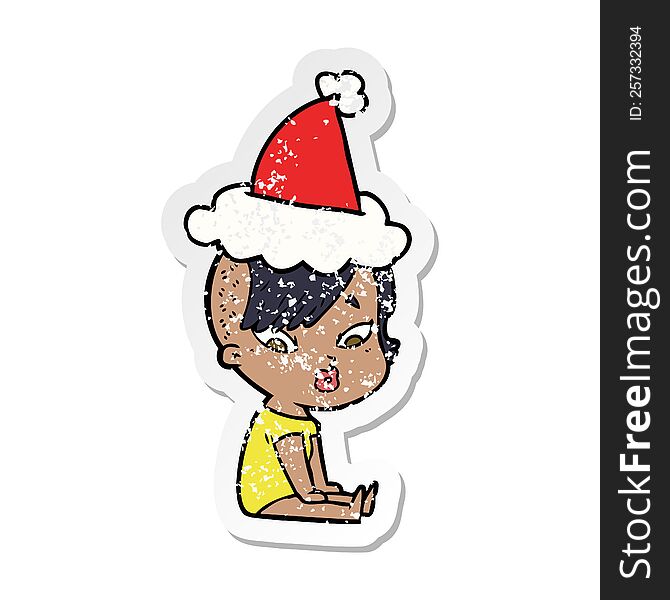 Distressed Sticker Cartoon Of A Surprised Girl Wearing Santa Hat