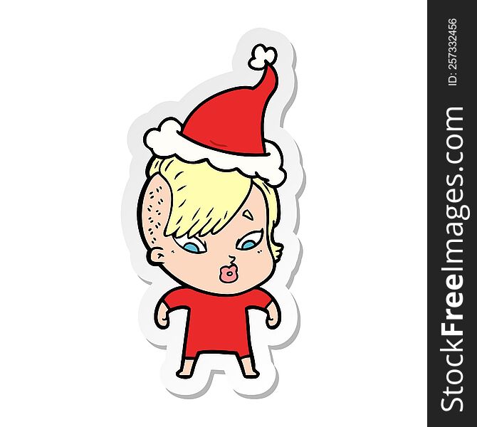 hand drawn sticker cartoon of a surprised girl wearing santa hat