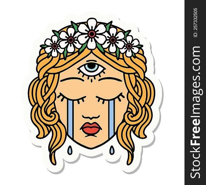 Tattoo Style Sticker Of Female Face With Third Eye Crying