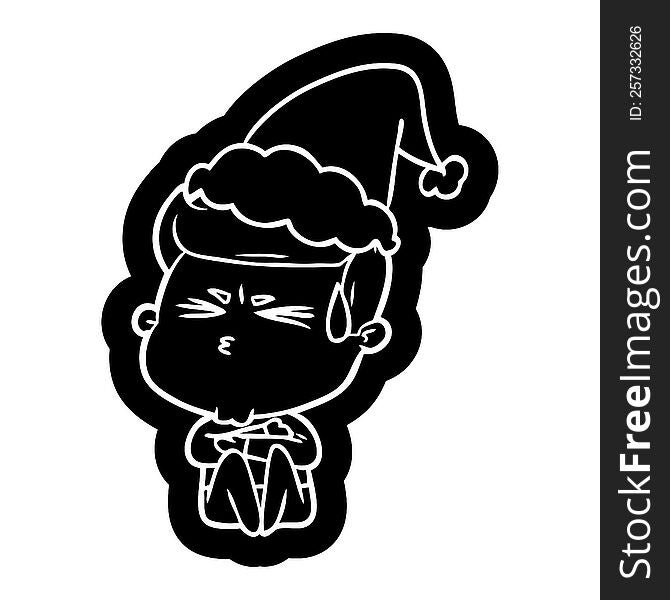 Cartoon Icon Of A Man Sweating Wearing Santa Hat