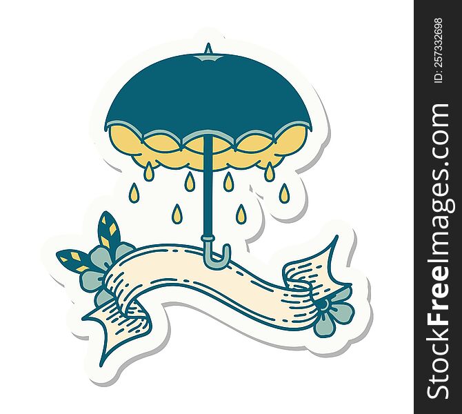 Tattoo Sticker With Banner Of An Umbrella And Storm Cloud