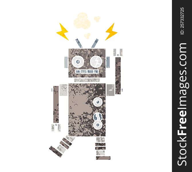 retro illustration style cartoon of a malfunctioning robot