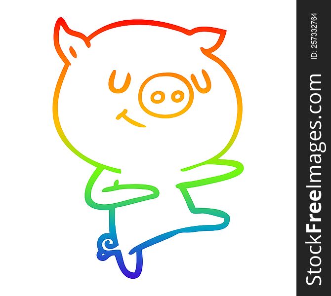 Rainbow Gradient Line Drawing Happy Cartoon Pig Dancing