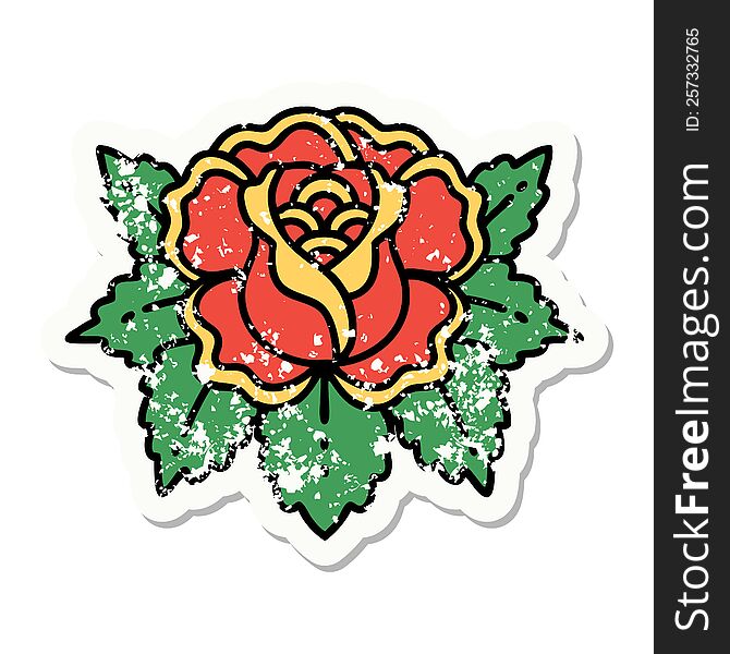 Traditional Distressed Sticker Tattoo Of A Rose