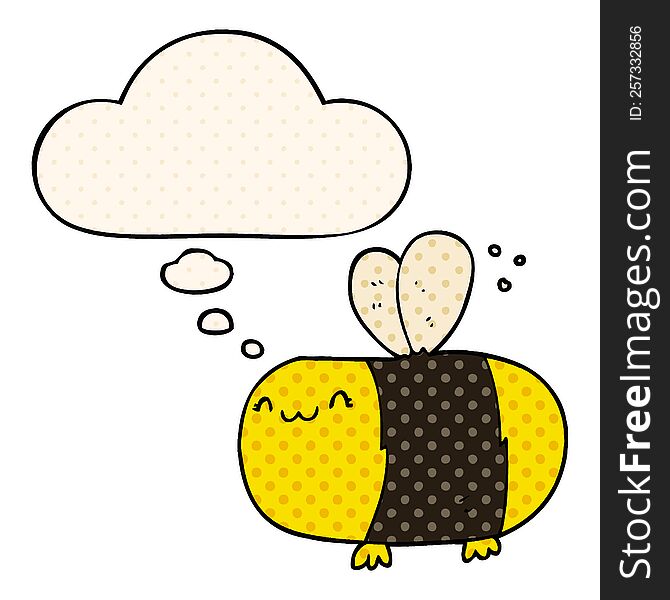 cute cartoon bee and thought bubble in comic book style