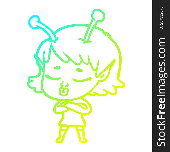cold gradient line drawing of a cute alien girl cartoon