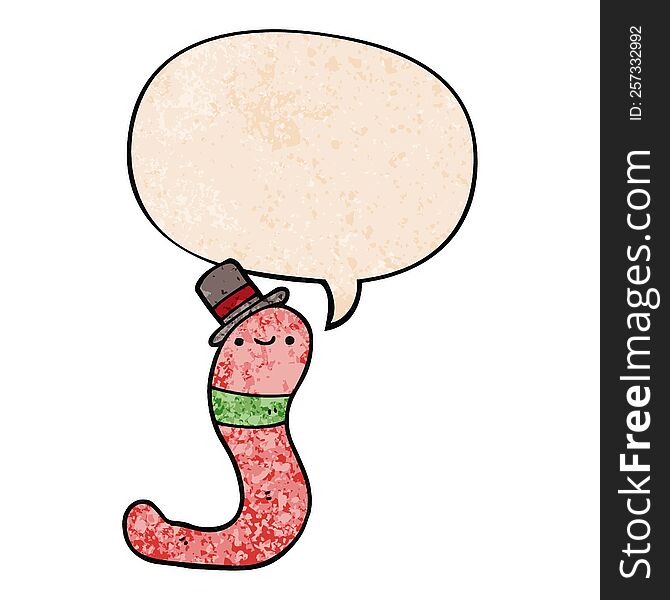 cute cartoon worm with speech bubble in retro texture style