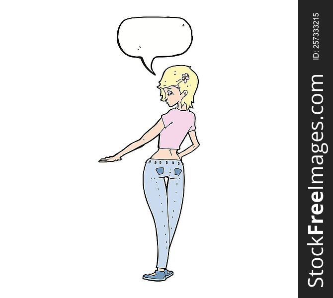 Cartoon Pretty Girl In Jeans And Tee With Speech Bubble