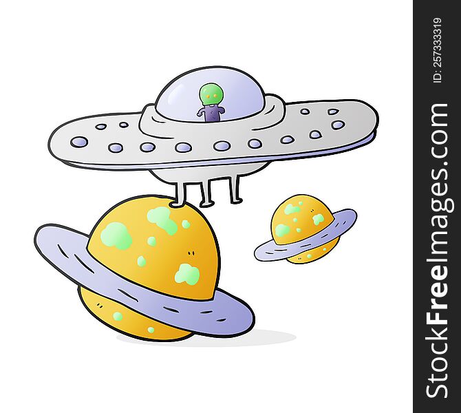 freehand drawn cartoon flying saucer in space