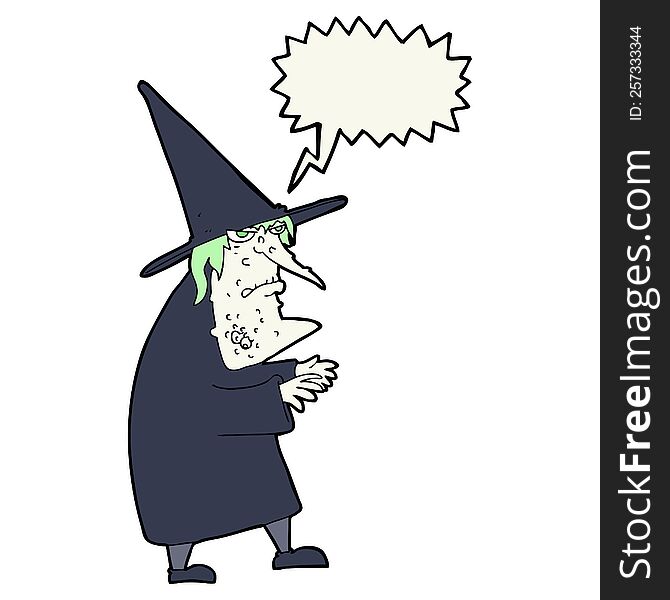 cartoon ugly old witch with speech bubble