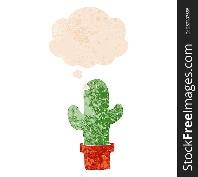 Cartoon Cactus And Thought Bubble In Retro Textured Style