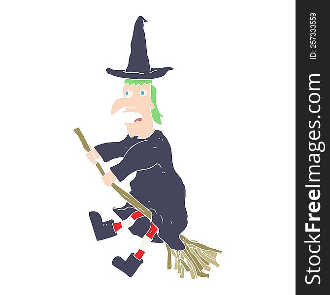 Flat Color Illustration Of A Cartoon Witch Flying On Broom