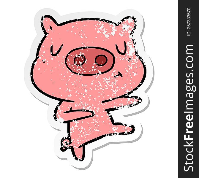 distressed sticker of a cartoon content pig dancing