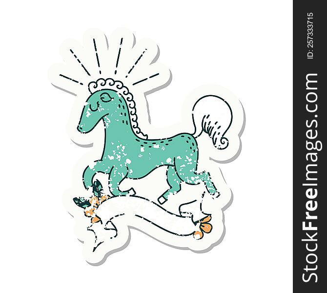 grunge sticker of tattoo style prancing stallion