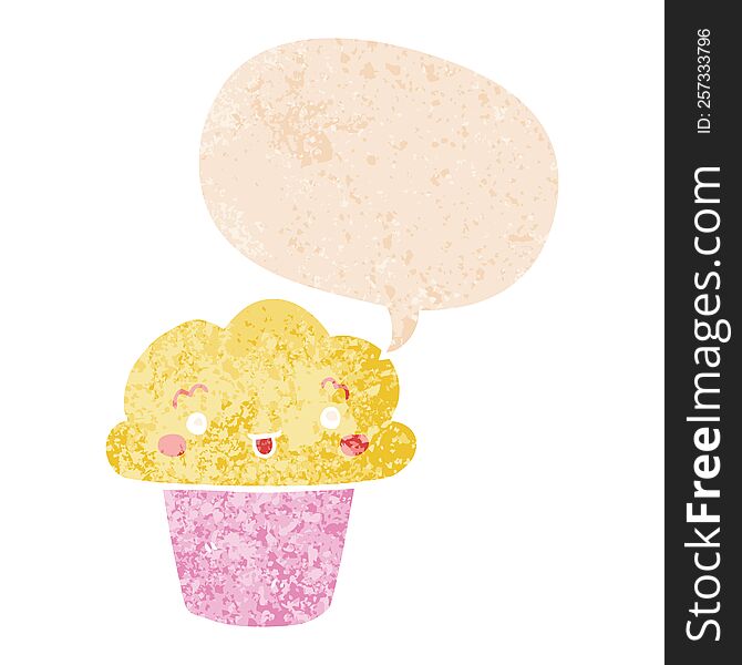Cartoon Cupcake With Face And Speech Bubble In Retro Textured Style