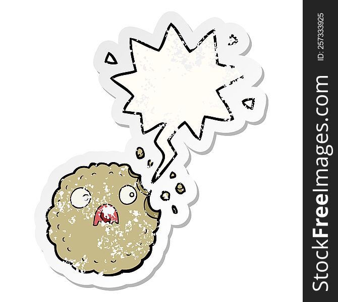 frightened cookie cartoon with speech bubble distressed distressed old sticker. frightened cookie cartoon with speech bubble distressed distressed old sticker