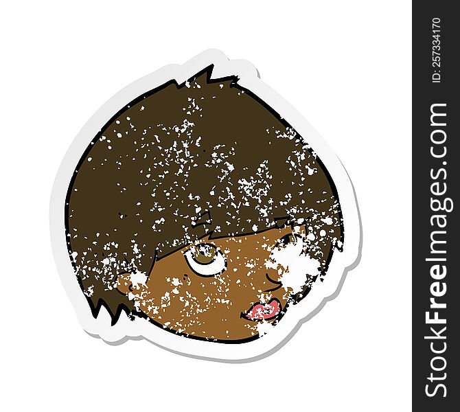 retro distressed sticker of a cartoon female face looking up
