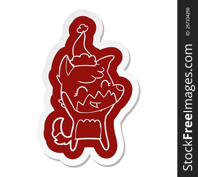 Happy Cartoon  Sticker Of A Fox Wearing Santa Hat