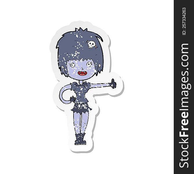 retro distressed sticker of a cartoon vampire girl giving thumbs up sign