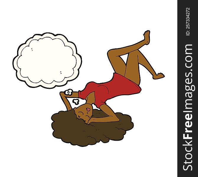 cartoon woman lying on floor with thought bubble