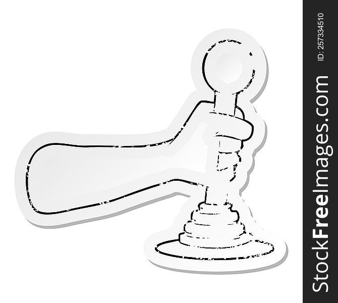 distressed sticker of a cartoon hand pulling lever