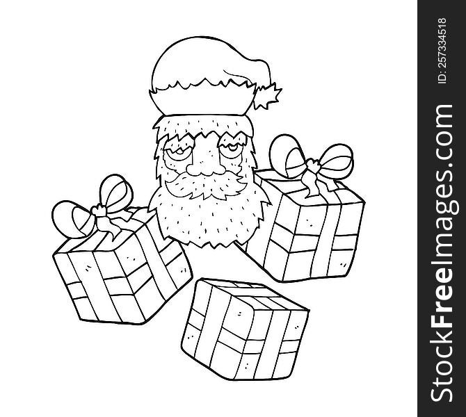 black and white cartoon tired santa claus face with presents