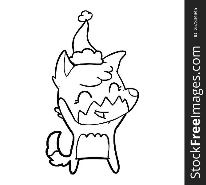 Happy Line Drawing Of A Fox Wearing Santa Hat