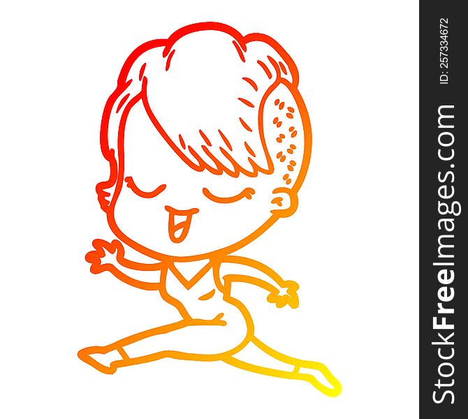 warm gradient line drawing of a happy cartoon girl running