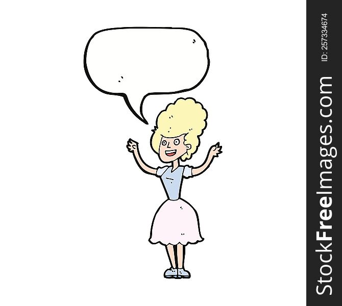 cartoon happy 1950's woman with speech bubble