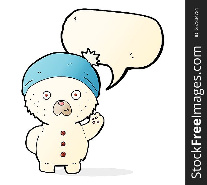 Cartoon Waving Polar Teddy Bear In Winter Hat With Speech Bubble
