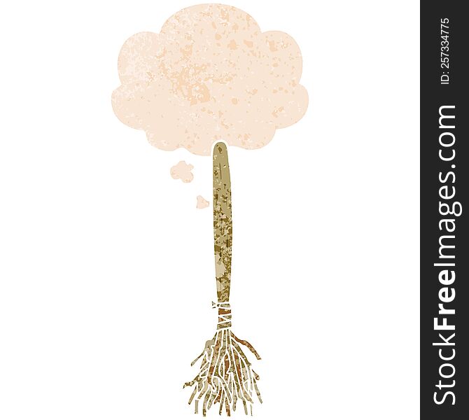 cartoon magic broom with thought bubble in grunge distressed retro textured style. cartoon magic broom with thought bubble in grunge distressed retro textured style