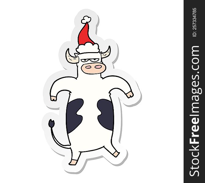 Sticker Cartoon Of A Bull Wearing Santa Hat