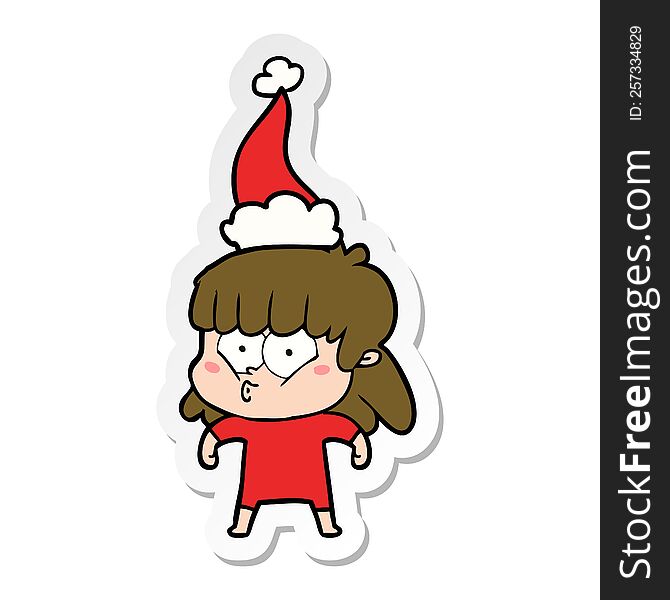 Sticker Cartoon Of A Whistling Girl Wearing Santa Hat