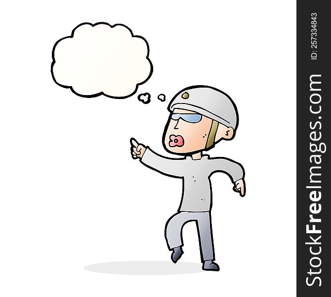 cartoon man in bike helmet pointing with thought bubble