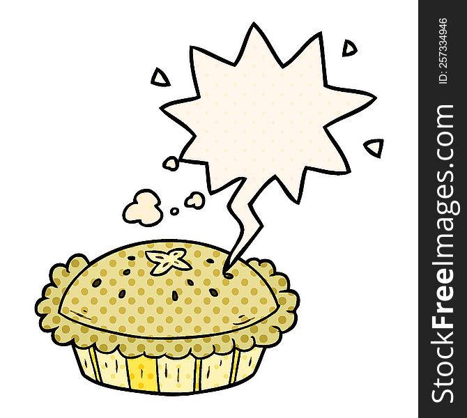 hot cartoon pie fresh out of the oven with speech bubble in comic book style