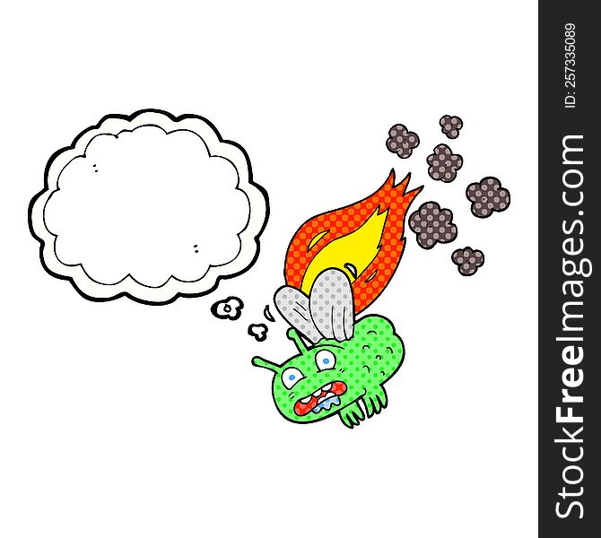 freehand drawn thought bubble cartoon fly crashign and burning. freehand drawn thought bubble cartoon fly crashign and burning