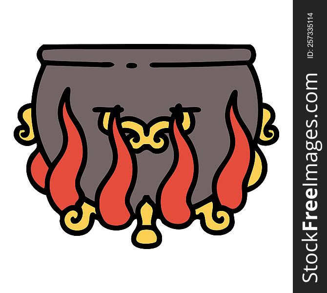 tattoo in traditional style of a lit cauldron. tattoo in traditional style of a lit cauldron