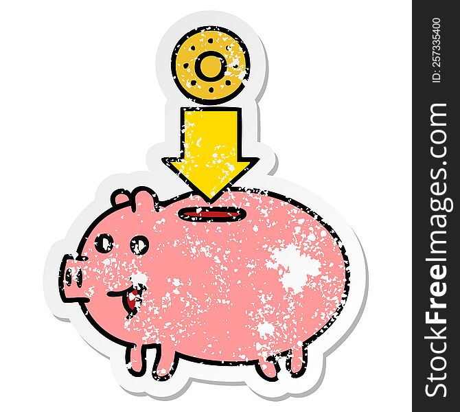 distressed sticker of a cute cartoon piggy bank