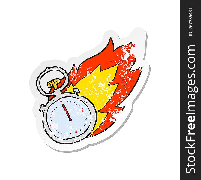 retro distressed sticker of a cartoon flaming stop watch