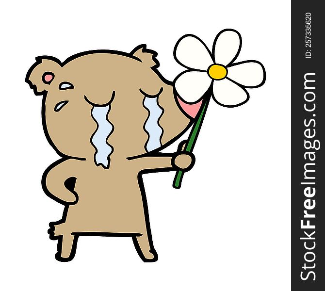 cartoon crying bear with flower. cartoon crying bear with flower