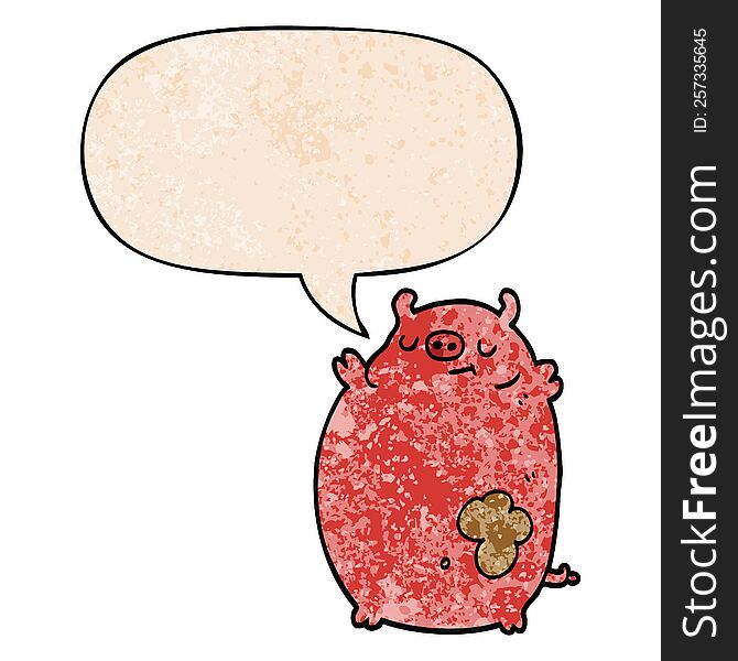 cartoon fat pig with speech bubble in retro texture style
