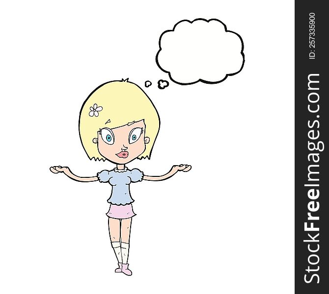 Cartoon Woman Making Balancing Gesture With Thought Bubble