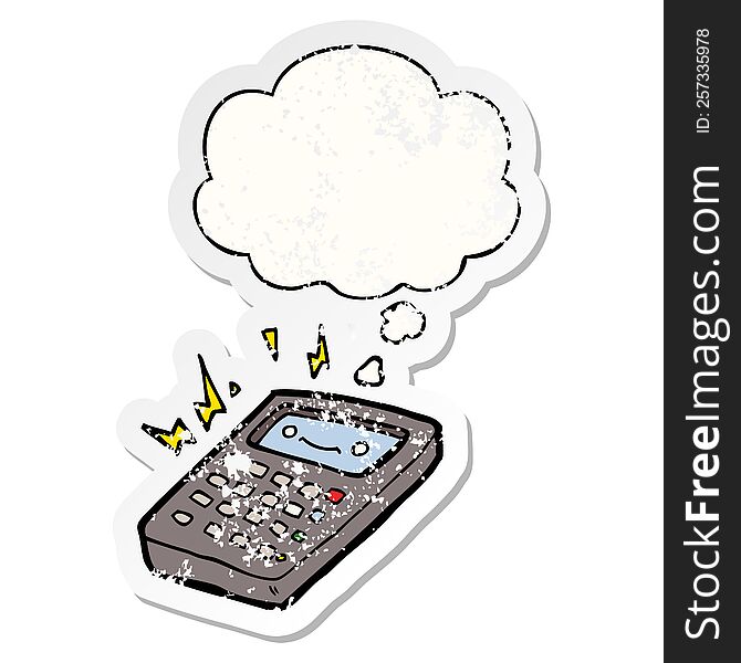 cartoon calculator with thought bubble as a distressed worn sticker