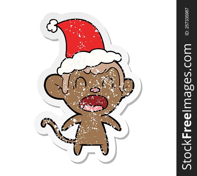 Shouting Distressed Sticker Cartoon Of A Monkey Wearing Santa Hat