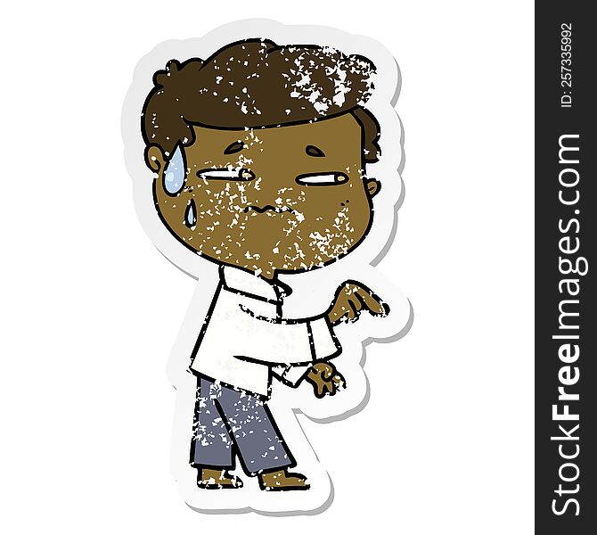 Distressed Sticker Of A Cartoon Anxious Man Pointing