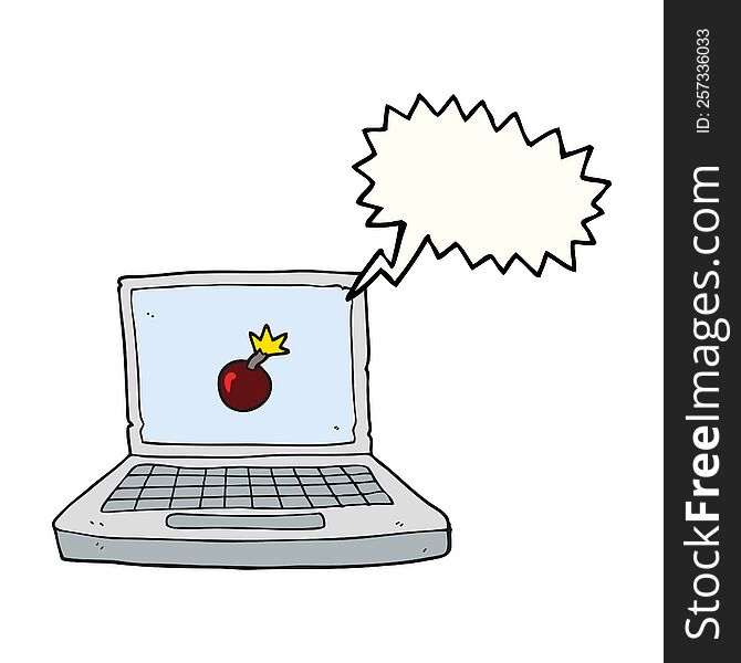 freehand drawn speech bubble cartoon laptop computer with bomb symbol