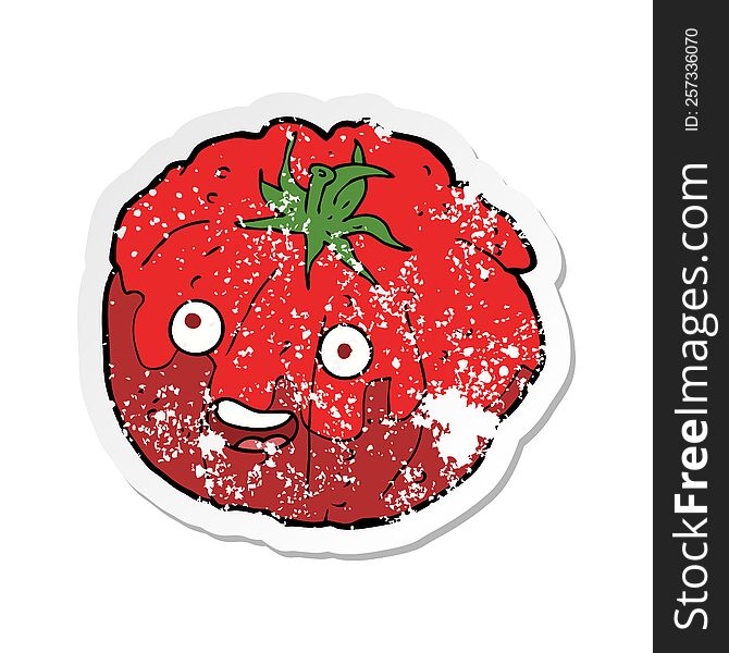 retro distressed sticker of a cartoon happy tomato