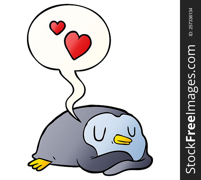 cartoon penguin and love hearts and speech bubble in smooth gradient style